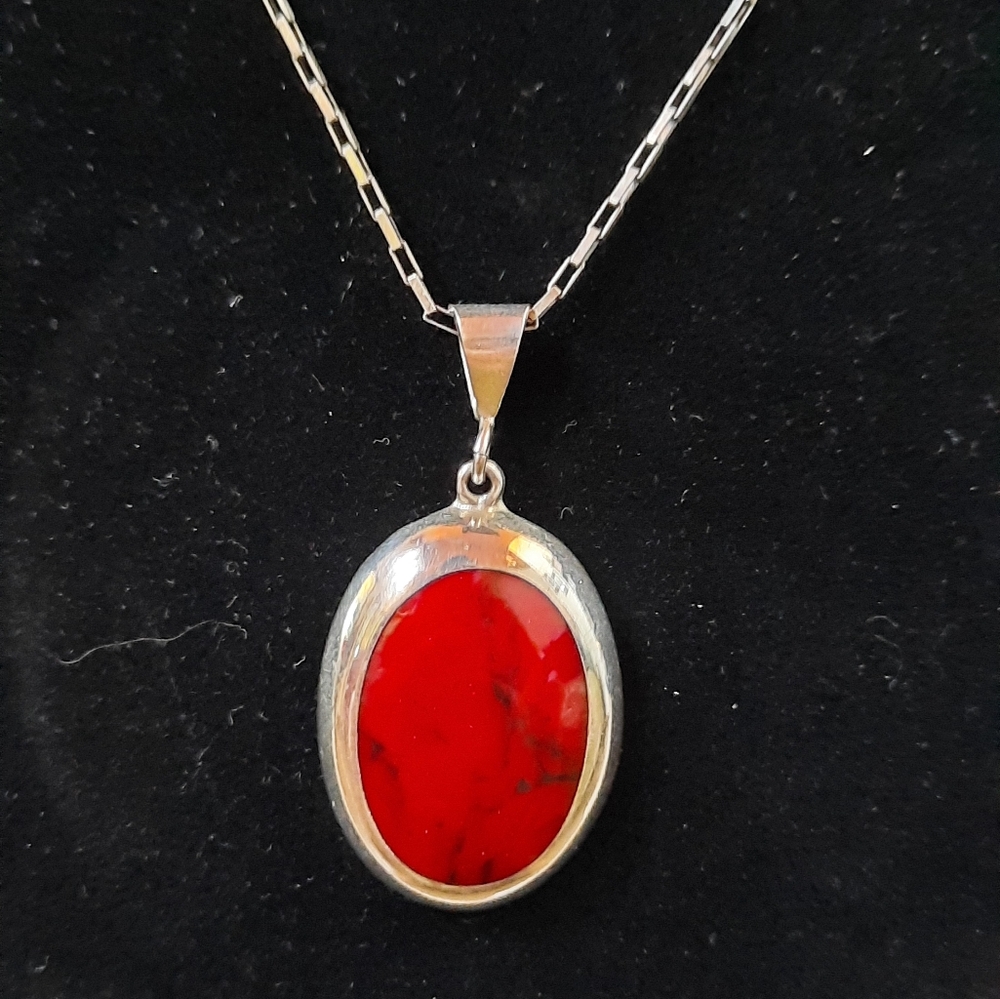 Vintage Mexican Red Jasper Sterling Silver Necklace
